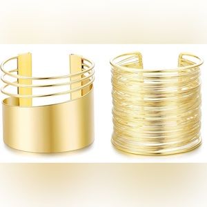 Set of 2 Gold Alloy Cuff Bangle Bracelets, Tarnish Resistant; Adjustable